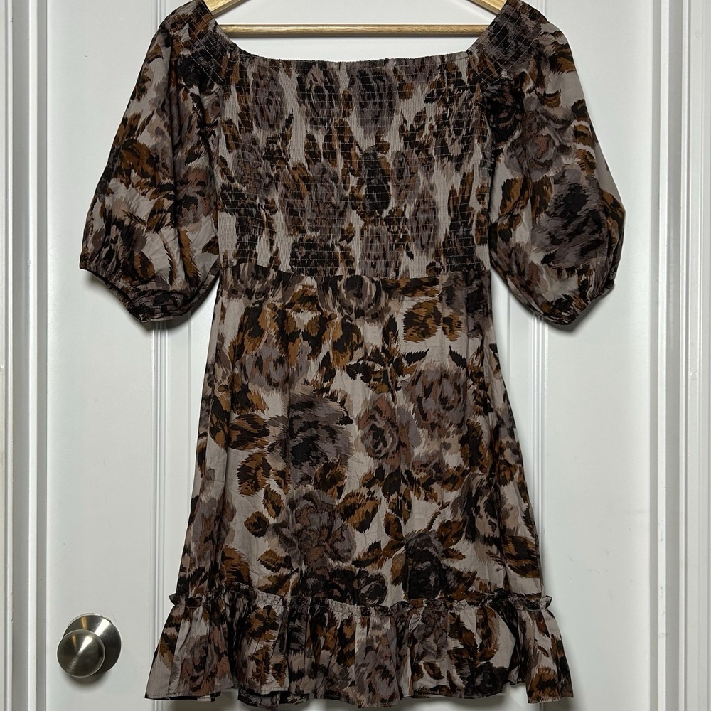 Olivaceous 100% Cotton Purple Brown Taupe Floral Smocked Puff Sleeve Mini Dress